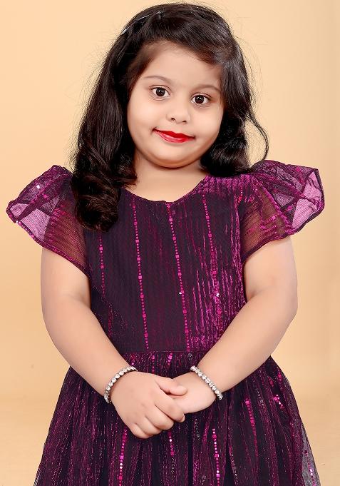 Purple Embroidered Net Dress For Girls