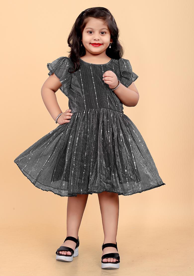 Grey Embroidered Net Dress For Girls