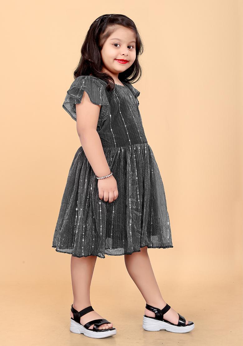 Grey Embroidered Net Dress For Girls