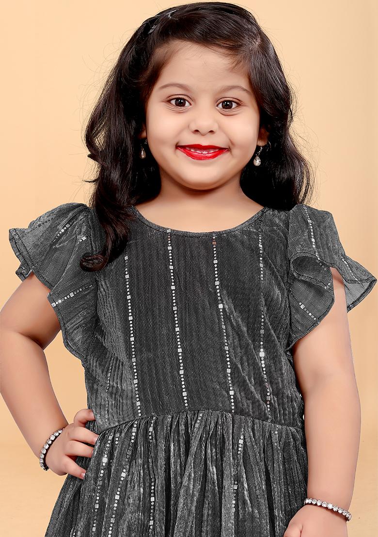 Grey Embroidered Net Dress For Girls