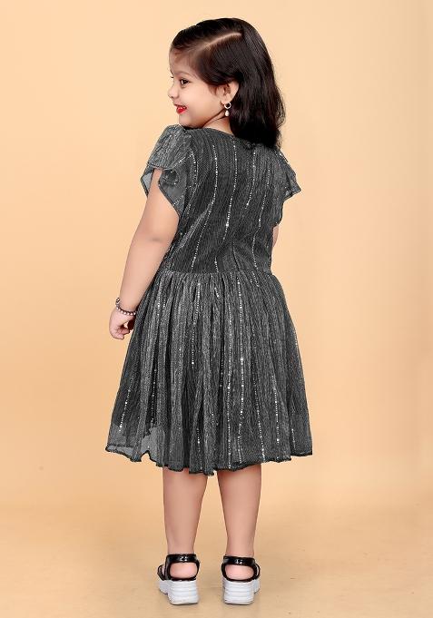 Grey Embroidered Net Dress For Girls