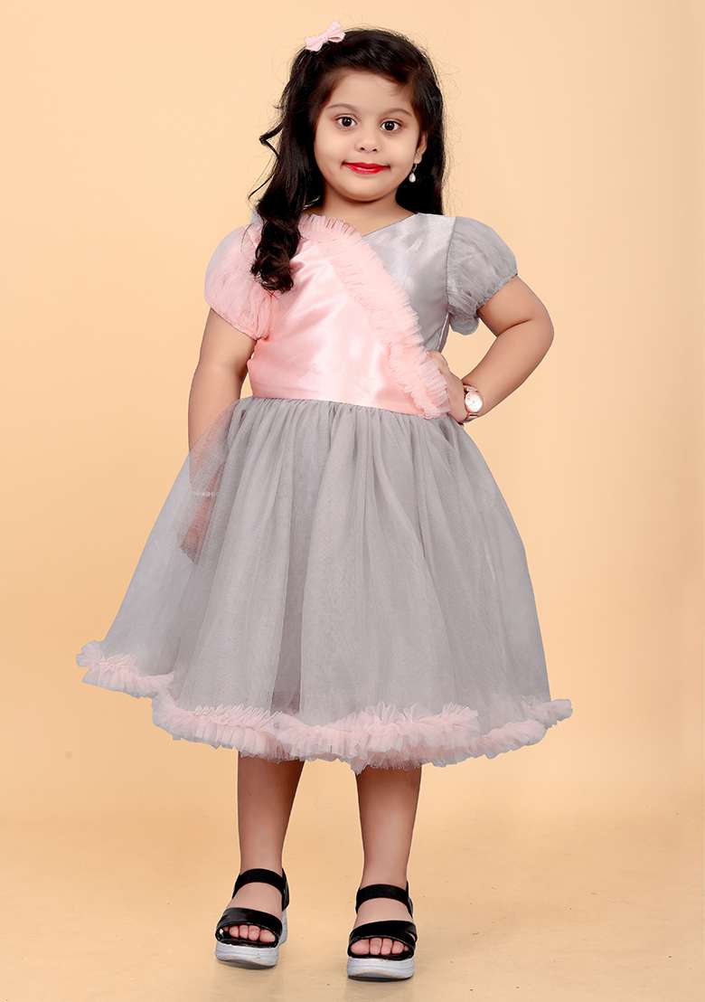 Peach Embroidered Satin Dress For Girls - Indya