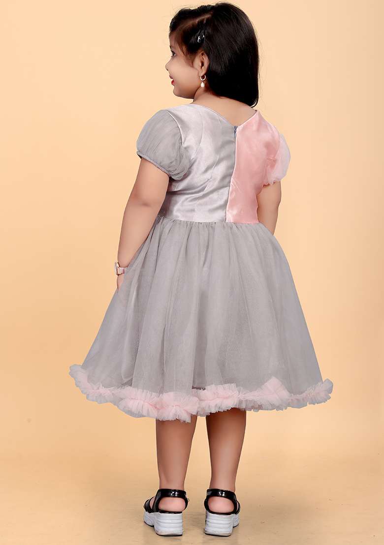 Peach Embroidered Satin Dress For Girls - Indya