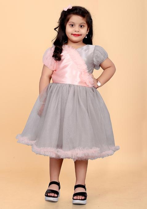 Peach Embroidered Satin Dress For Girls