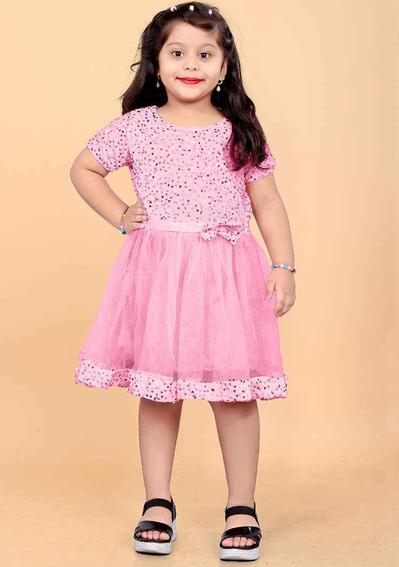 Baby Pink Embroidered Velvet Dress For Girls - Indya
