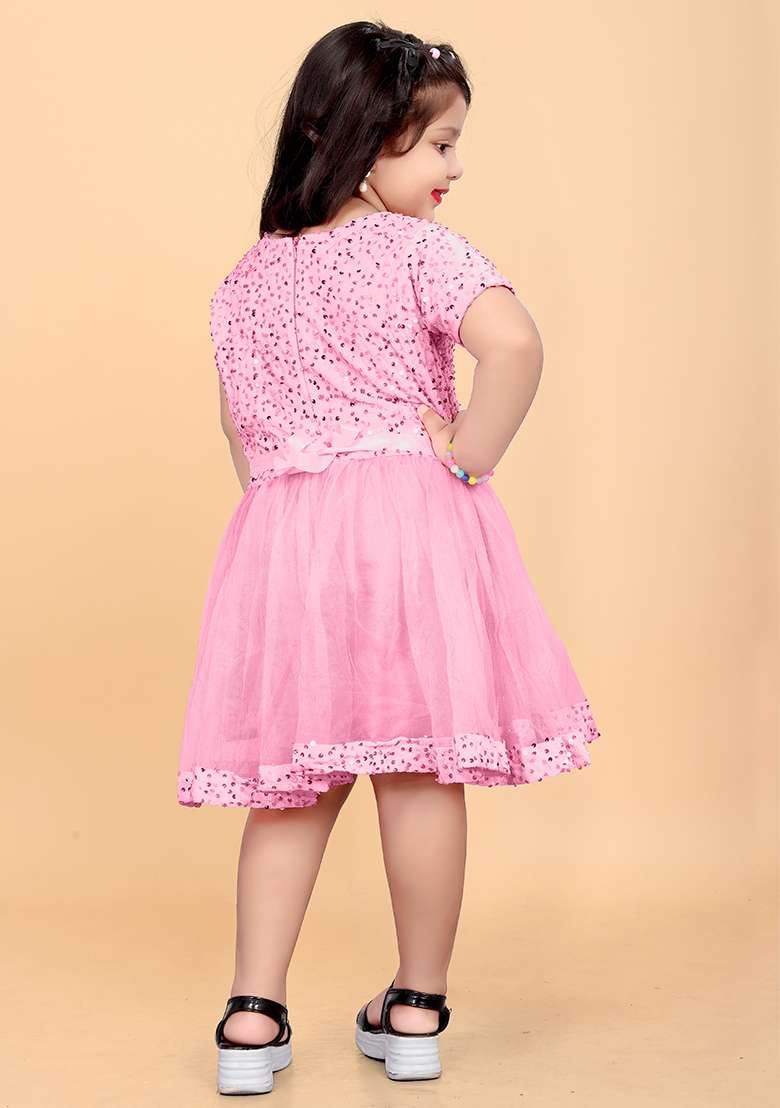 Baby Pink Embroidered Velvet Dress For Girls - Indya