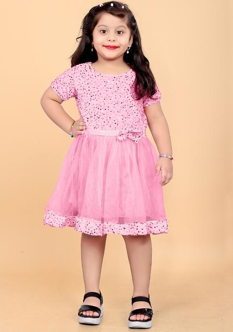 Baby Pink Embroidered Velvet Dress For Girls