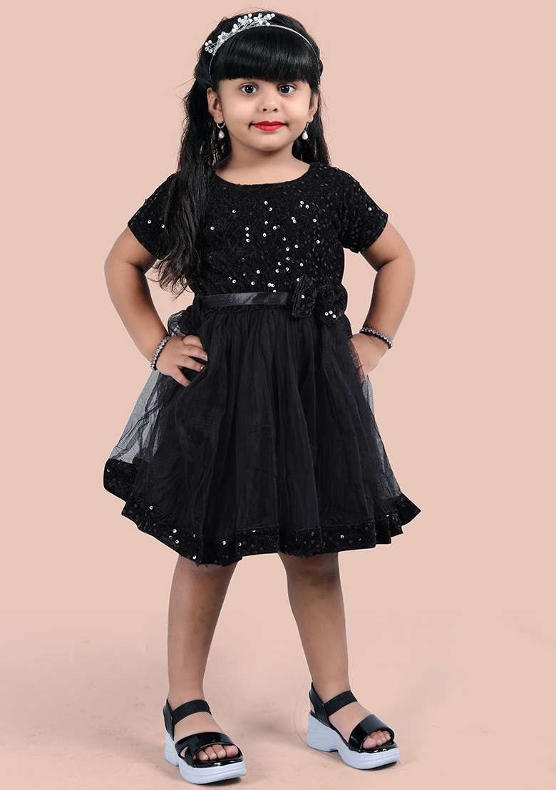 Black Embroidered Velvet Dress For Girls - Indya