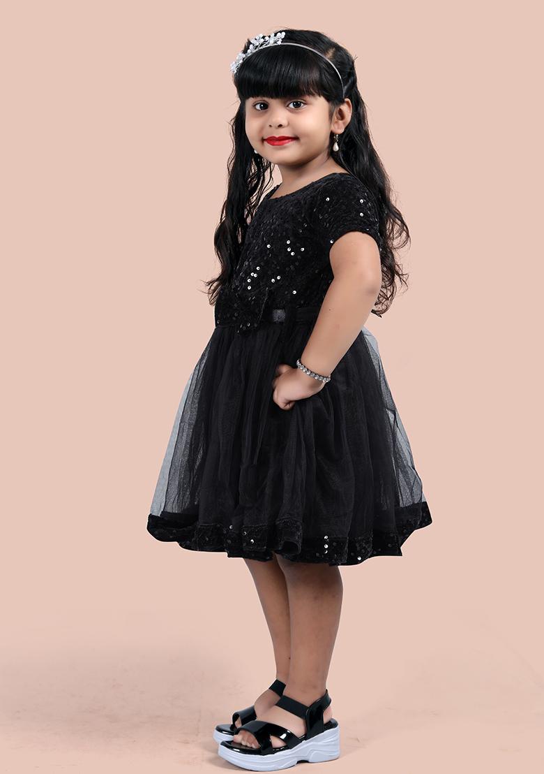Black Embroidered Velvet Dress For Girls