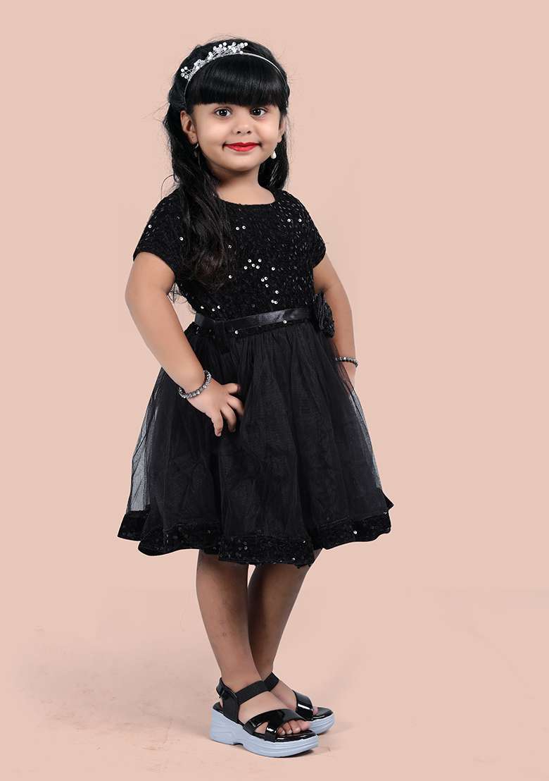 Black Embroidered Velvet Dress For Girls - Indya