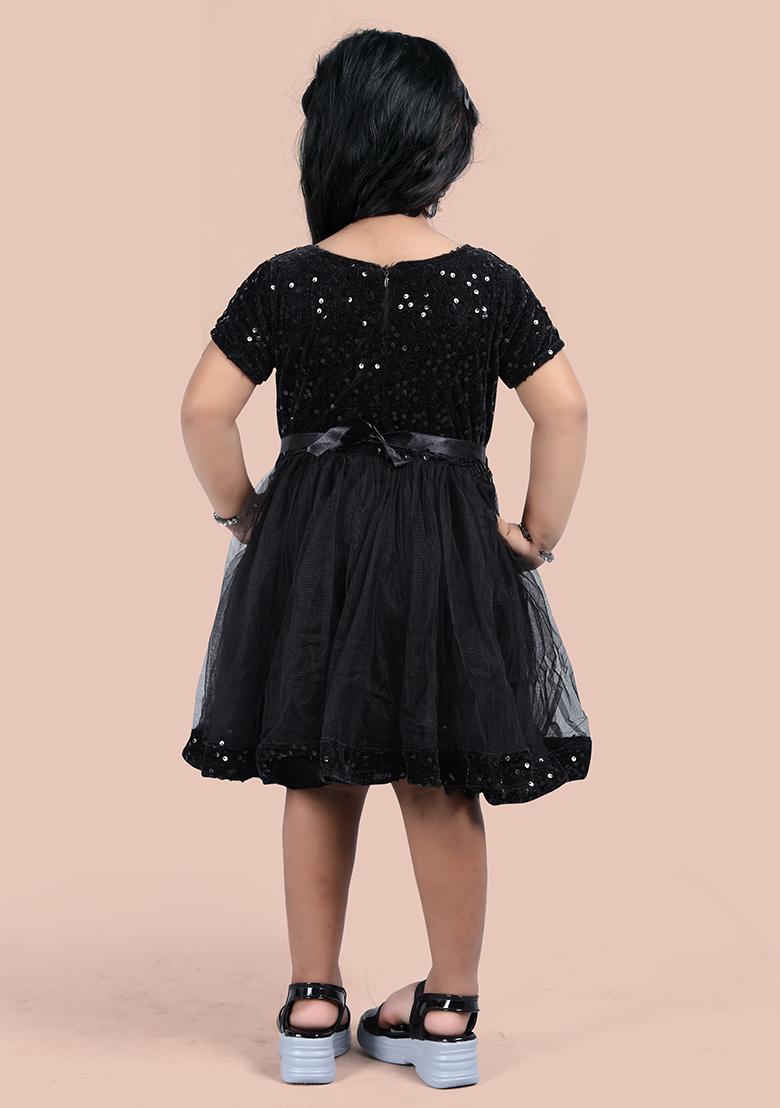 Black Embroidered Velvet Dress For Girls