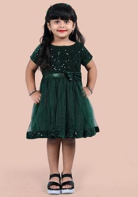 Green Embroidered Velvet Dress For Girls