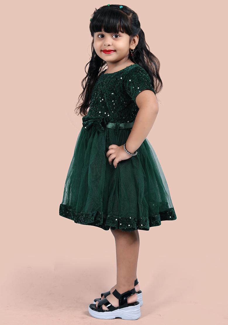 Green Embroidered Velvet Dress For Girls