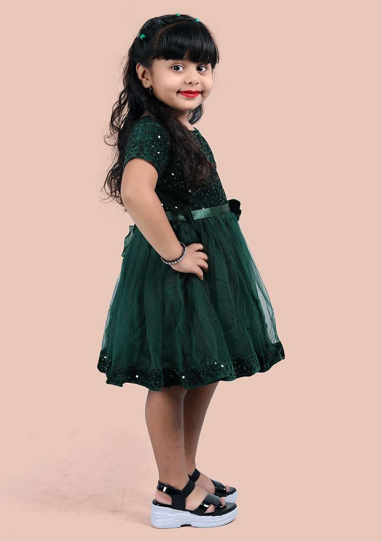 Green Embroidered Velvet Dress For Girls - Indya