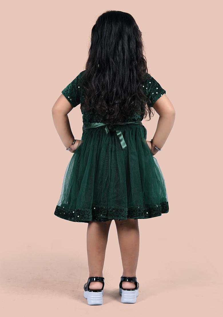 Green Embroidered Velvet Dress For Girls