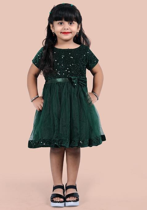 Green Embroidered Velvet Dress For Girls — view on Indya
