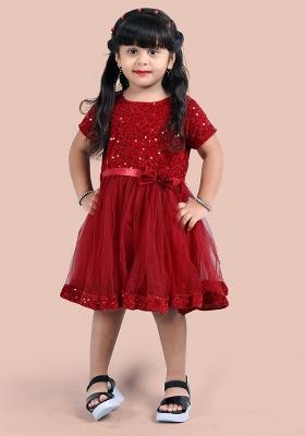 Maroon Embroidered Velvet Dress For Girls