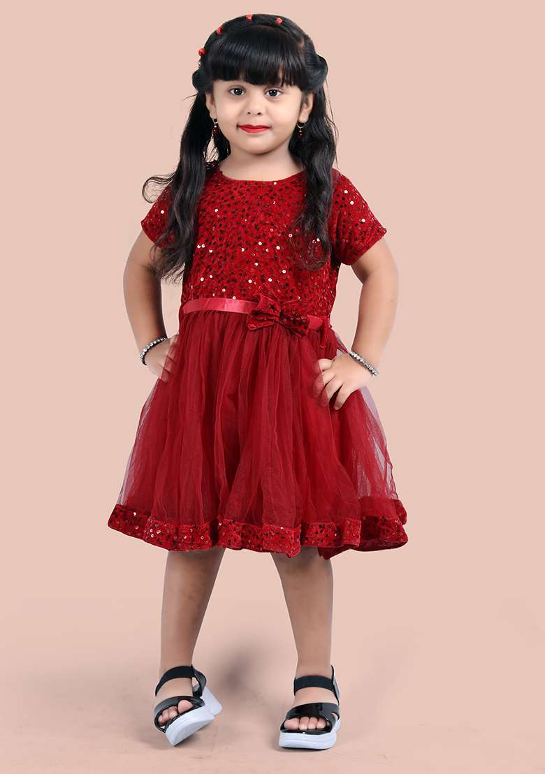 Maroon Embroidered Velvet Dress For Girls - Indya