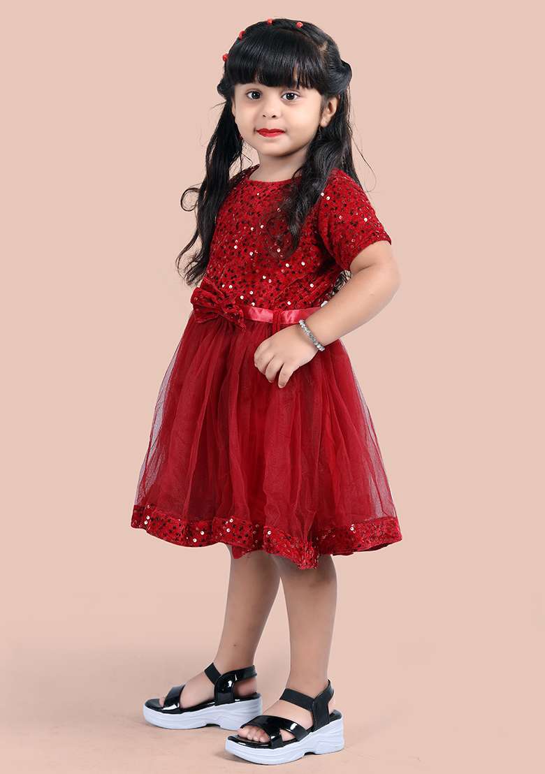 Maroon Embroidered Velvet Dress For Girls - Indya