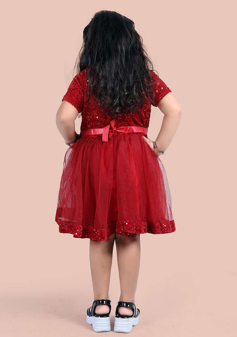 Maroon Embroidered Velvet Dress For Girls - Indya