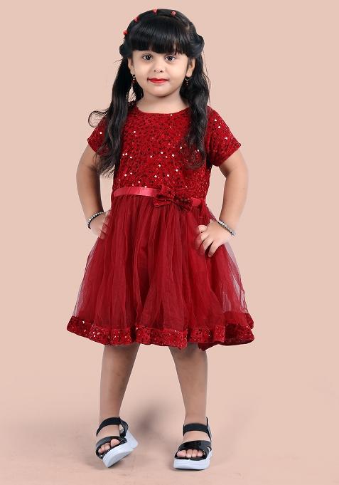 Maroon Embroidered Velvet Dress For Girls