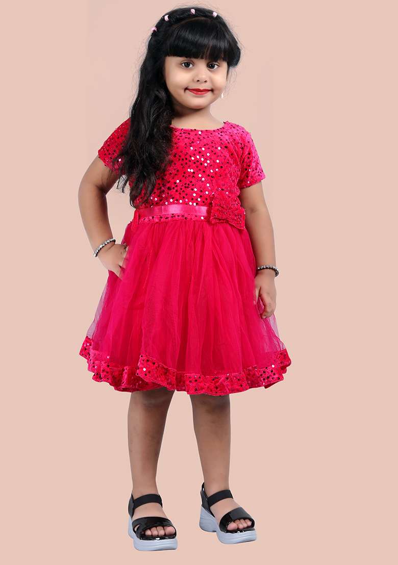 Rani Pink Embroidered Velvet Dress For Girls - Indya