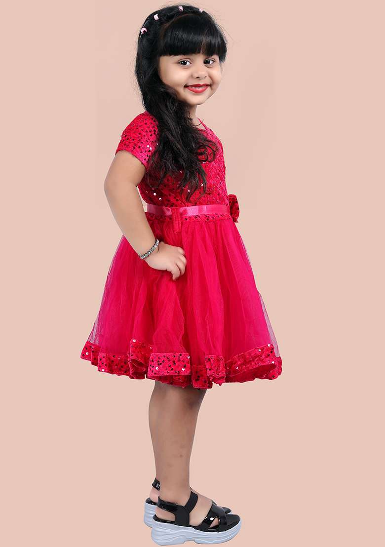 Rani Pink Embroidered Velvet Dress For Girls - Indya