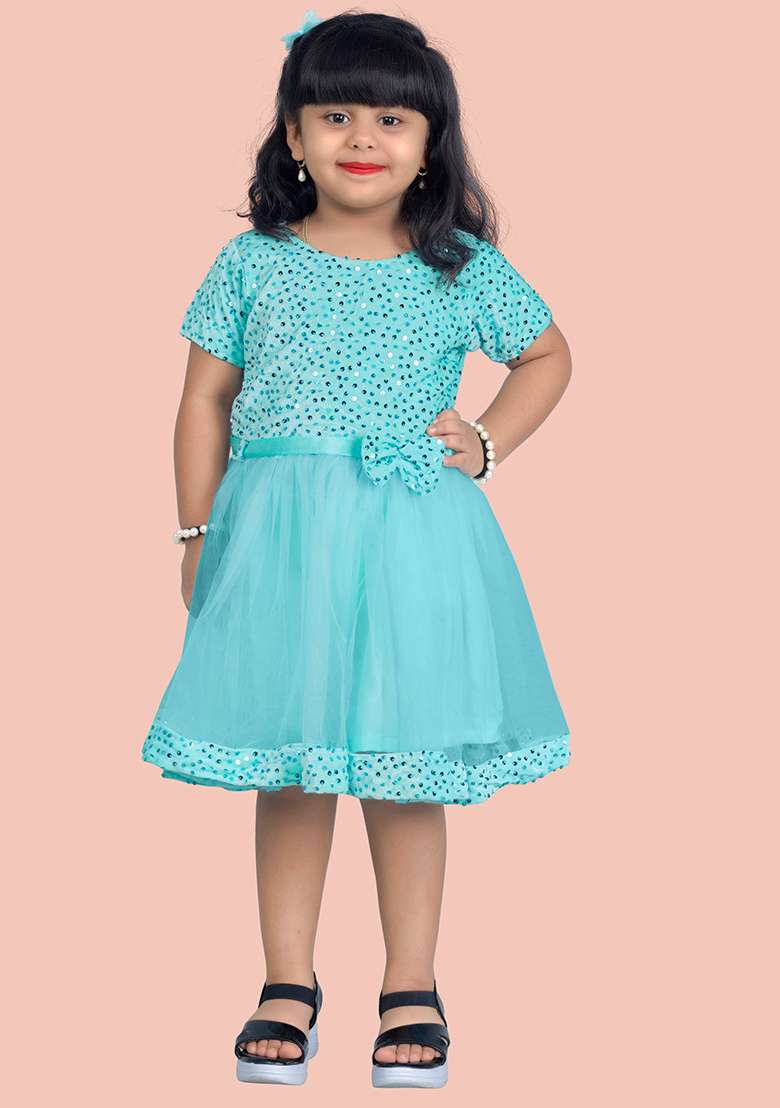Skyblue Embroidered Velvet Dress For Girls - Indya