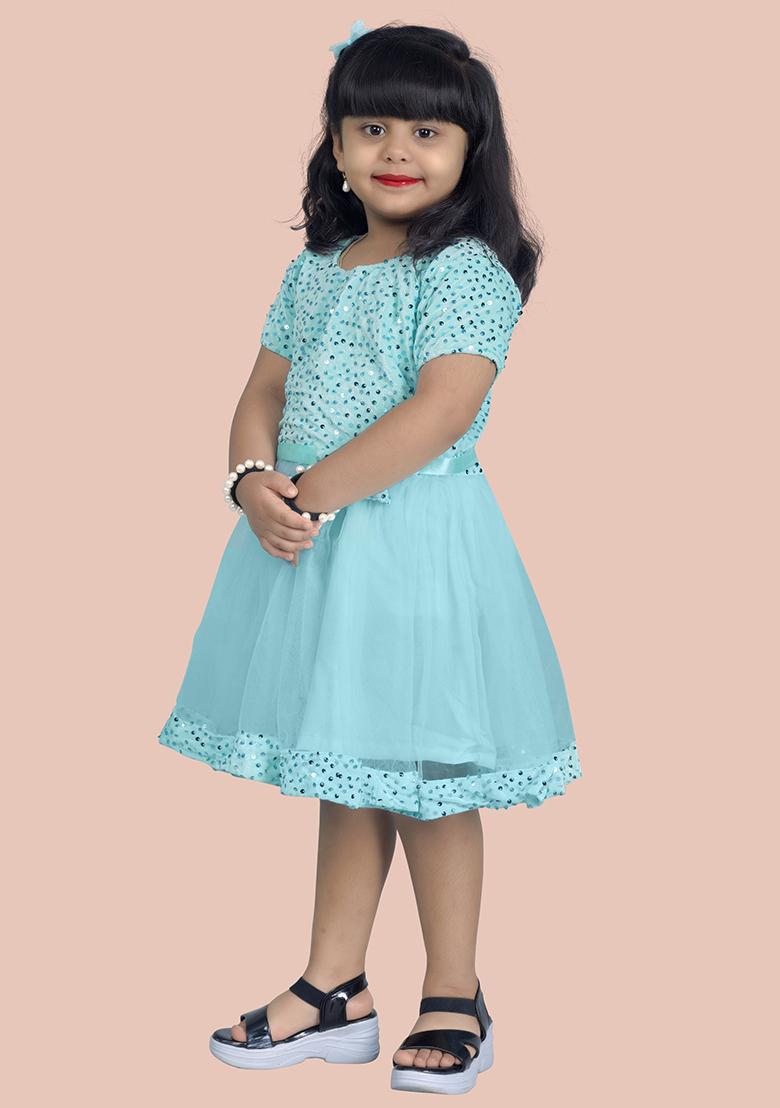 Skyblue Embroidered Velvet Dress For Girls