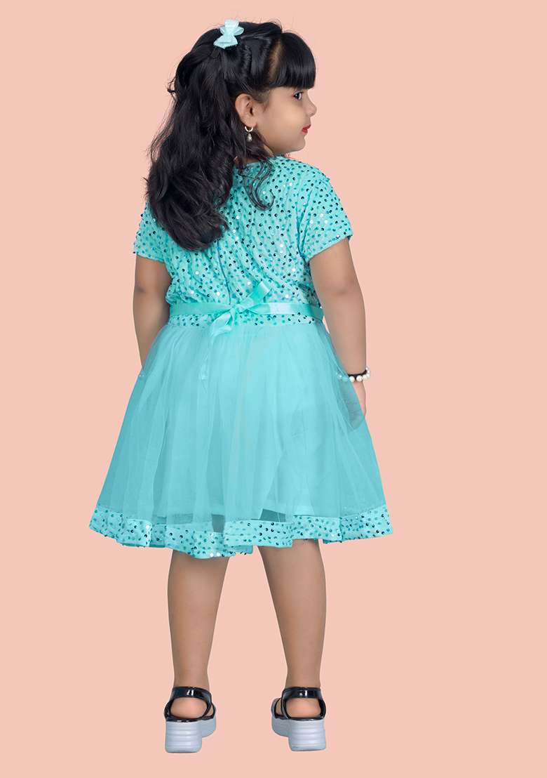 Skyblue Embroidered Velvet Dress For Girls - Indya