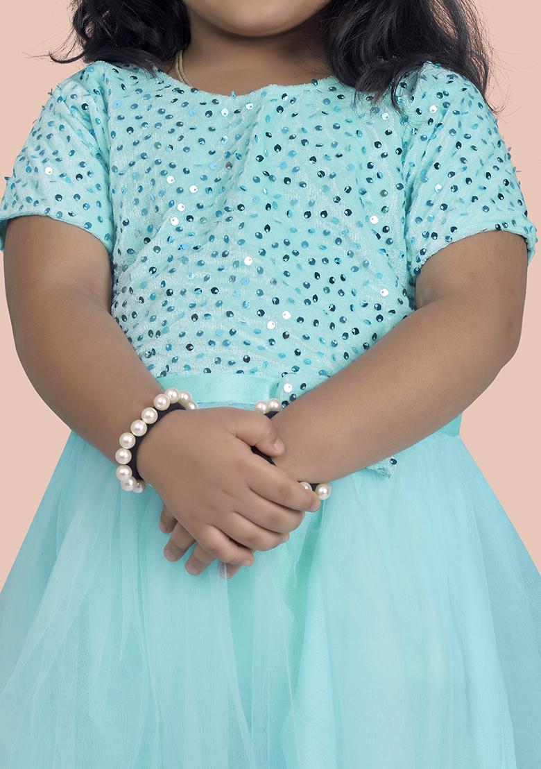 Skyblue Embroidered Velvet Dress For Girls