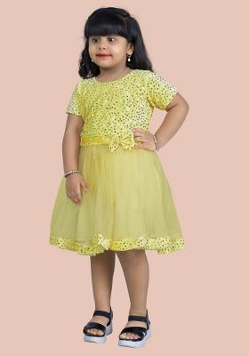 Yellow Embroidered Velvet Dress For Girls