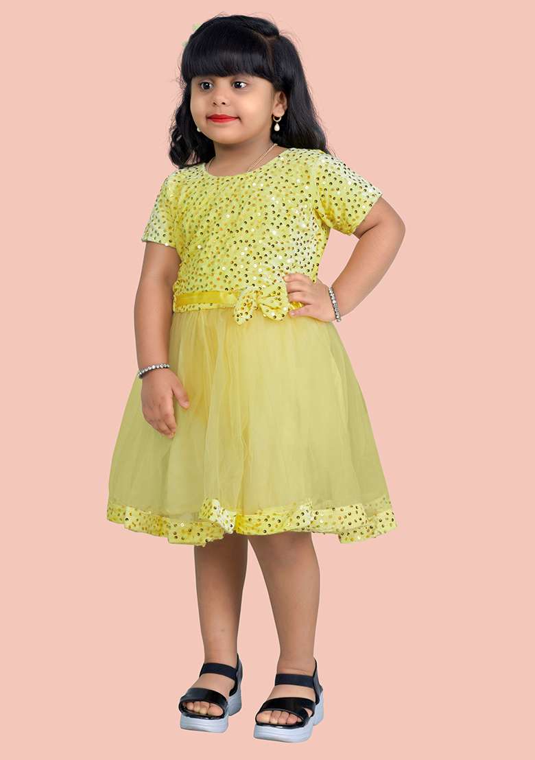 Yellow Embroidered Velvet Dress For Girls - Indya