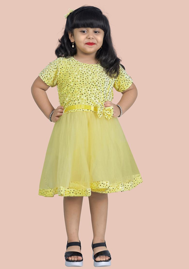 Yellow Embroidered Velvet Dress For Girls