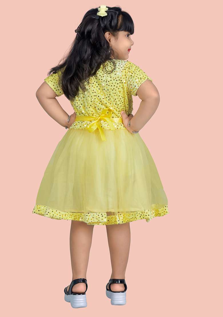 Yellow Embroidered Velvet Dress For Girls - Indya