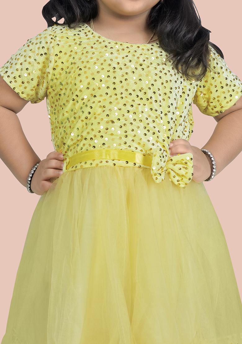 Yellow Embroidered Velvet Dress For Girls