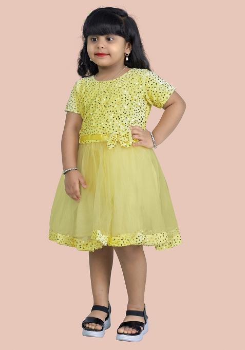 Yellow Embroidered Velvet Dress For Girls