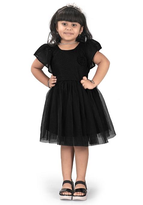 Black Embroidered Net Dress For Girls