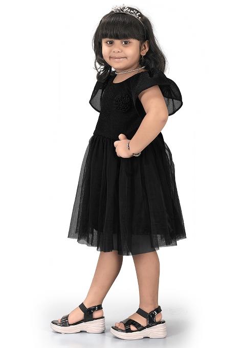 Black Embroidered Net Dress For Girls