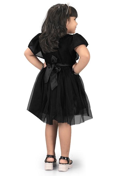 Black Embroidered Net Dress For Girls