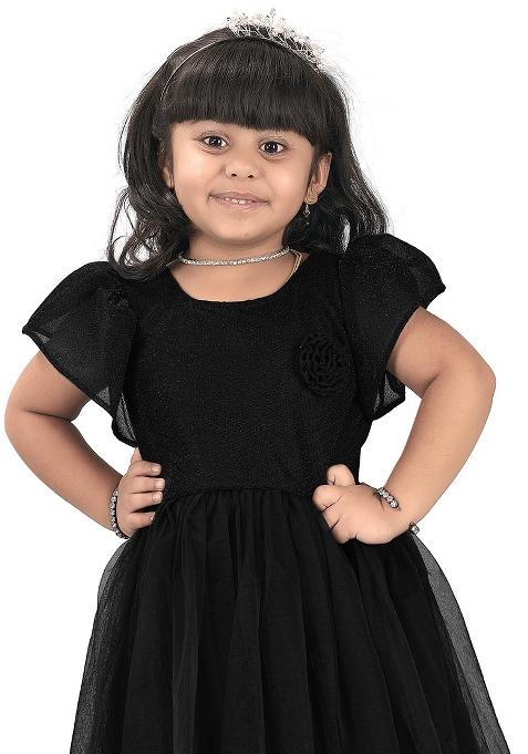 Black Embroidered Net Dress For Girls