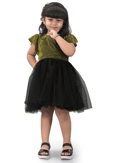 Gold Embroidered Net Dress For Girls