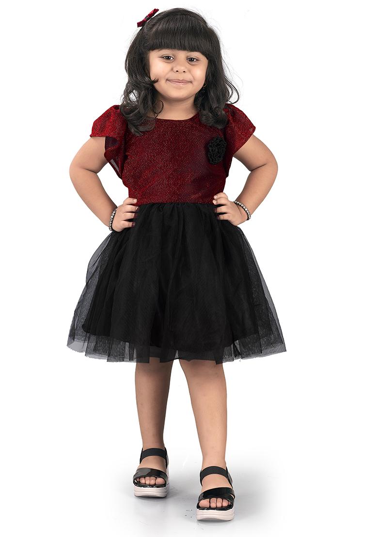 Maroon Embroidered Net Dress For Girls