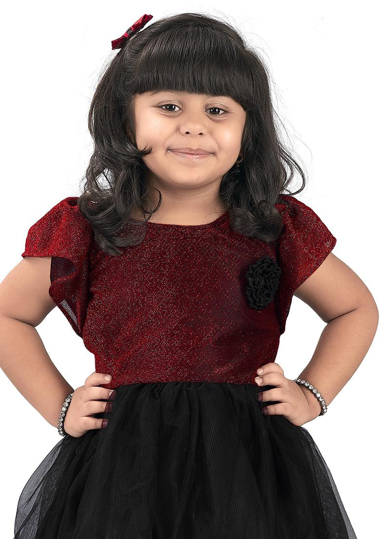 Maroon Embroidered Net Dress For Girls