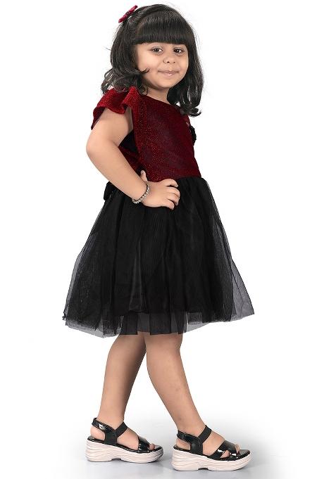 Maroon Embroidered Net Dress For Girls