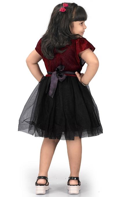 Maroon Embroidered Net Dress For Girls