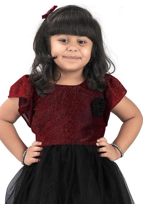 Maroon Embroidered Net Dress For Girls