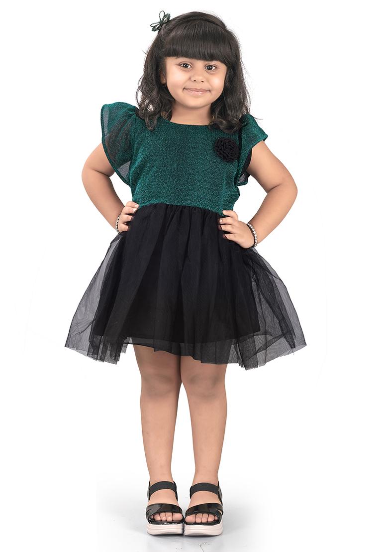 Rama Green Embroidered Net Dress For Girls
