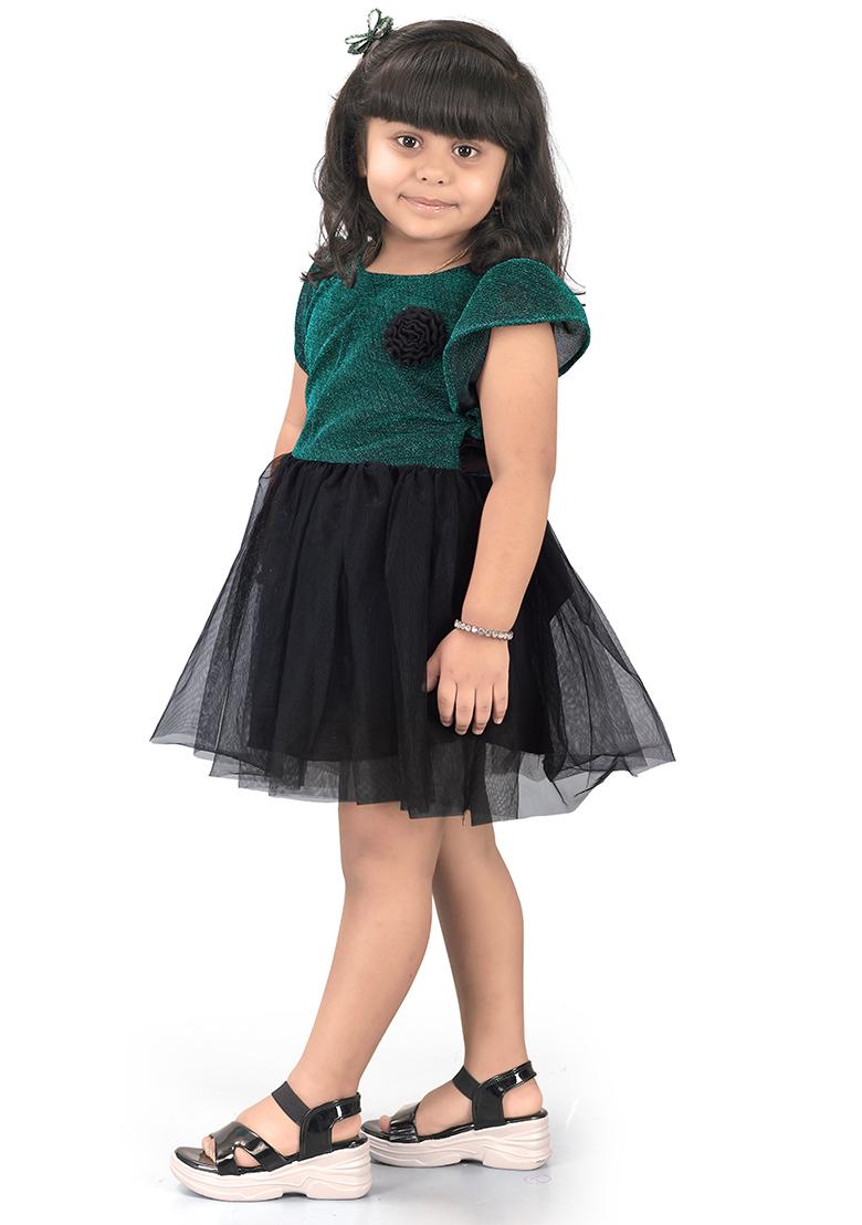 Rama Green Embroidered Net Dress For Girls