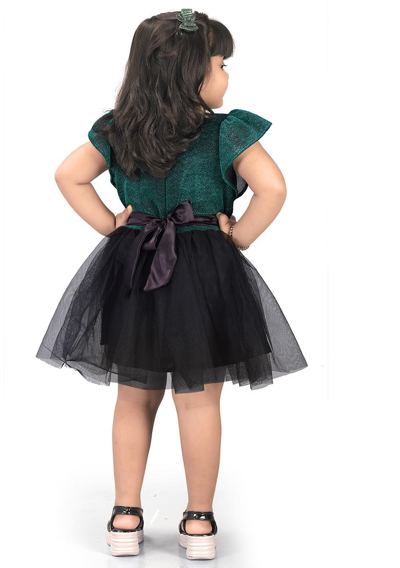 Rama Green Embroidered Net Dress For Girls
